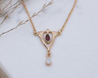 Extraordinary Art Nouveau chain, Art Nouveau chain, 925 silver rose gold plated, necklace with opal and garnet gemstone, vintage
