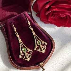 Magnificent Art Nouveau ear hook, ear clip 925 Sterling silver gold-plated, Peridot gemstones faceted, Art Nouveau earrings, earring
