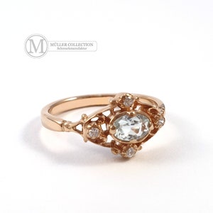Art Nouveau 585 rose gold ring, 14 carat with blue topaz gemstone and 0.08 carat diamonds, handmade, Art Nouveau jewelry