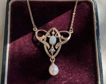 Exceptional Art Nouveau chain 925 silver rose gold plated necklace with opal half pearls freshwater pearl vintage