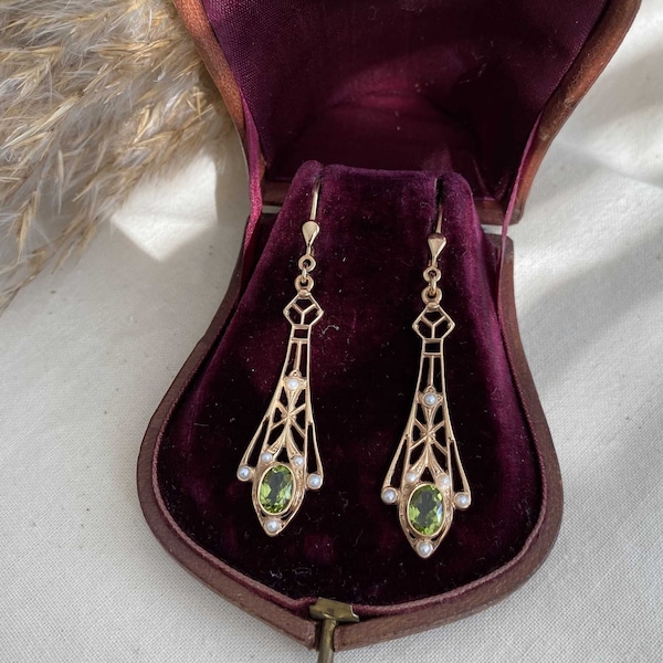 Prachtige Art Nouveau oorhaak, oorhaak 925 sterling zilver roséverguld, gefacetteerde peridot edelsteen, Art Nouveau oorbellen, oorbel,