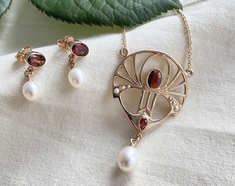 Art Nouveau necklace, 925 silver, rose gold plated, with garnet, freshwater pearl, genuine half-pearls, vintage antique