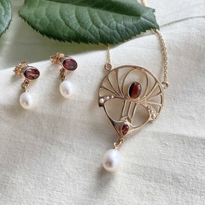 Art Nouveau chain 925 silver rose gold plated necklace with garnet freshwater pearl real half pearls vintage antique