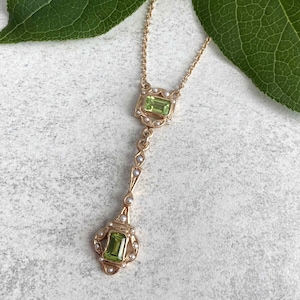 Art Nouveau chain, 925 silver rose gold plated, necklace with peridot gemstones, octagon, vintage gold chain