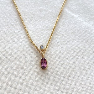 delicate gold chain with pink tourmaline and diamond 0.03 ct gemstone pendant 585 or 750 yellow gold minimal bridal necklace unusual