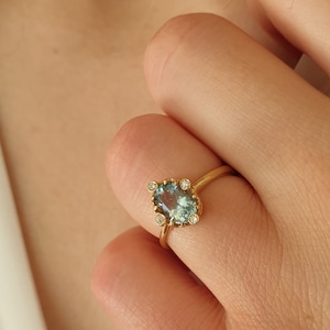 extraordinary blue topaz gold ring, 14 carat 585 yellow gold, extravagant brilliant ring, Art Nouveau, engagement ring, goldsmith, unique