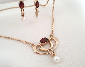 delicate Art Nouveau necklace 925 silver rose gold plated fine necklace with garnet and freshwater pearl noble gold necklace Art Nouveau Art Deco
