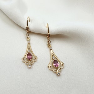 585 Gold Earrings 14k Art Nouveau Ohhringe Vintage Earbrisure Yellow Gold Pink Tourmaline Diamonds Art Nouveau Handmade