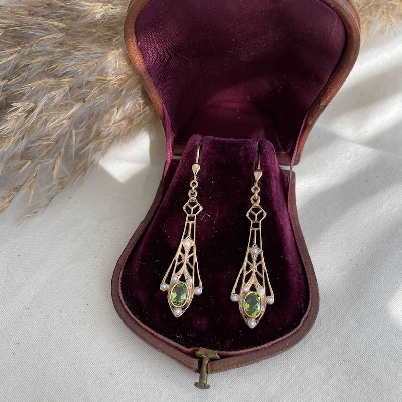Magnificent Art Nouveau ear hook, earring 925 Sterling Silver rose gold plated, Peridot gemstone faceted, Art Nouveau earrings, earring,
