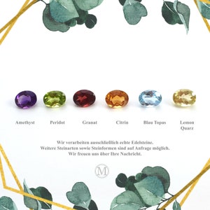 May include: A row of oval-shaped gemstones in various colors, including amethyst, peridot, garnet, citrin, blue topaz, and lemon quartz. The gemstones are arranged on a white background with the names of each stone written below.