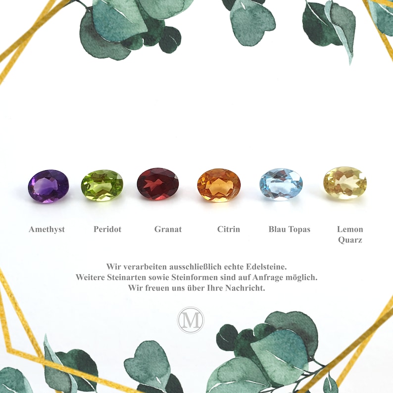 May include: A row of oval-shaped gemstones in various colors, including amethyst, peridot, garnet, citrin, blue topaz, and lemon quartz. The gemstones are arranged on a white background with the names of each stone written below.
