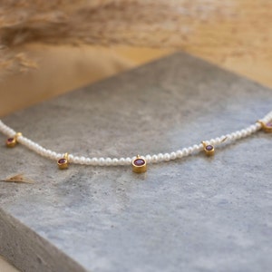 Pearl necklace with ruby gemstones Freshwater pearl necklace 585 yellow gold 14 carat wedding Filigree pearl jewelry