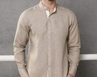 Mandarin Collar Linen Shirt - Linen Shirt For Men - 100% Pure Linen Shirt