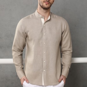 Mandarin Collar Linen Shirt - Linen Shirt For Men - 100% Pure Linen Shirt