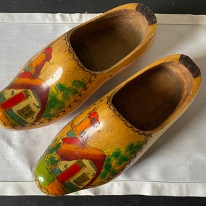 Rare Very Large Pair of Dutch Wooden Handpainted Clogs Classic Holland Wooden Shoes