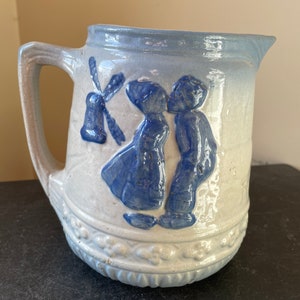 Early America Salt Glazed Blue and White Pitcher Brush McCoy Pottery