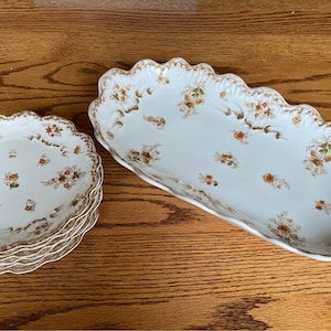 Stunning Set of Victorian French Depose Limoges Gold and Burnt Red Floral Platter and 6 Dessert Plates