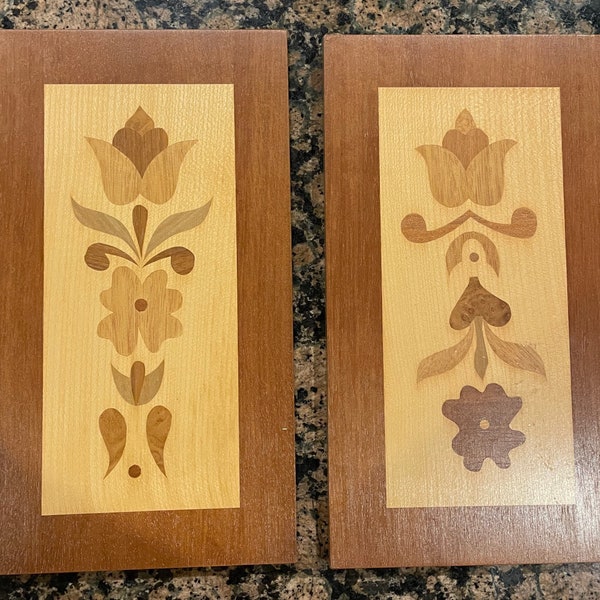 Set of 2 Inlaid Wood Floral Wall-hangings Original Handcut German Marquetry