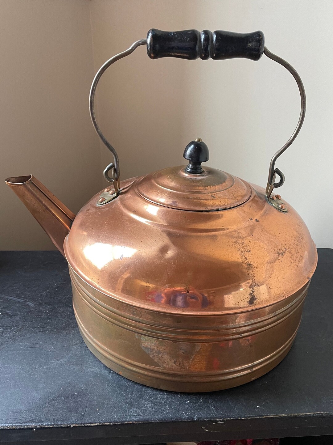 Vtg Large Copper Tea Kettle Teapot With Lid and Wooden Handle and Knob