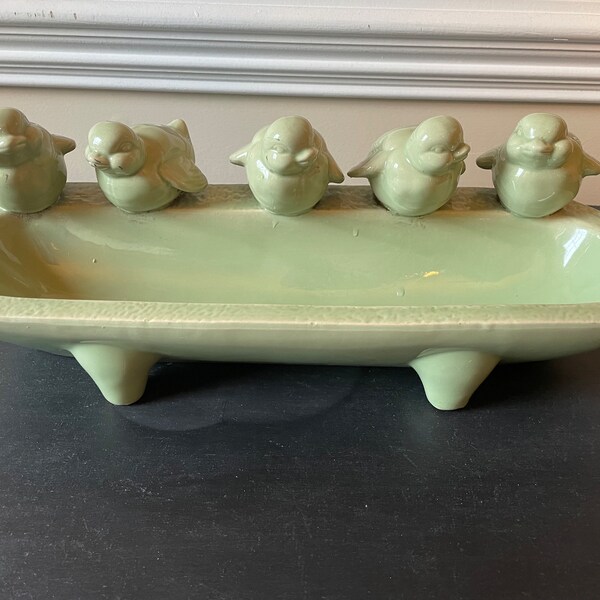 Vintage Mint Green Ceramic Bird Bath Bird Feeder Tabletop Windowsill