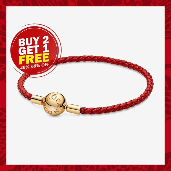 Pulsera de cuero tejida roja Moments, pulsera plateada, pulsera con dijes, regalos de Navidad