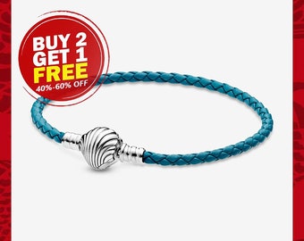 Moments Seashell Clasp Turquoise Braided Leather Bracelet,Sliver Bracelet,Charm Bracelet,Christmas Gifts