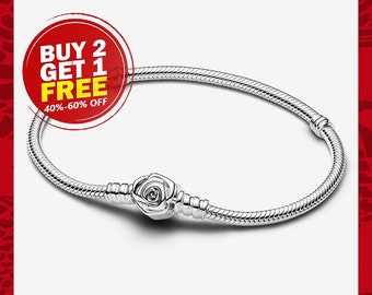 2024 New Moments Rose in Bloom Clasp Snake Chain Bracelet,Charm Bracelet,Sliver Bracelet,Mother's Day gifts