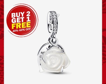 2024 New White Rose in Bloom Double Dangle Charm, Charms for Bracelet, Girl Dangle Charm, Patronus Charm, Mother's Day Gifts