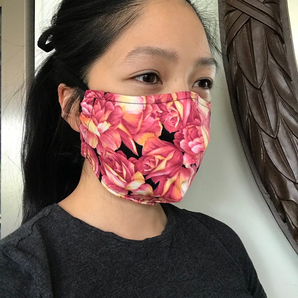 Triple Layer Face Mask 100% Cotton - Washable - With filter pocket for mask filters- Dust Mask - pink floral - Handmade Vancouver BC Canada