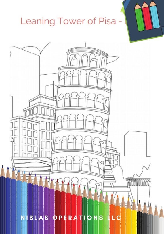 Leaning Tower or Pisa, Leaning Tower of Pisa Coloring Page, Instant Download