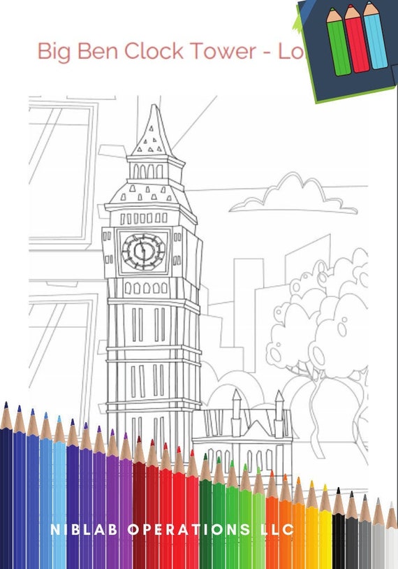 Big Ben Clock Tower, Coloring Page, Instant Download