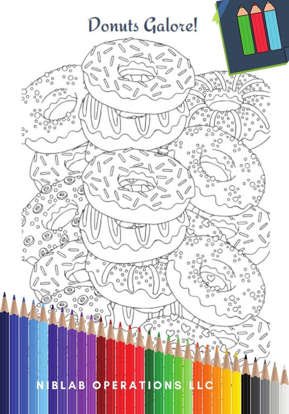 Donut Coloring Page, Food Coloring Page, Instant Download