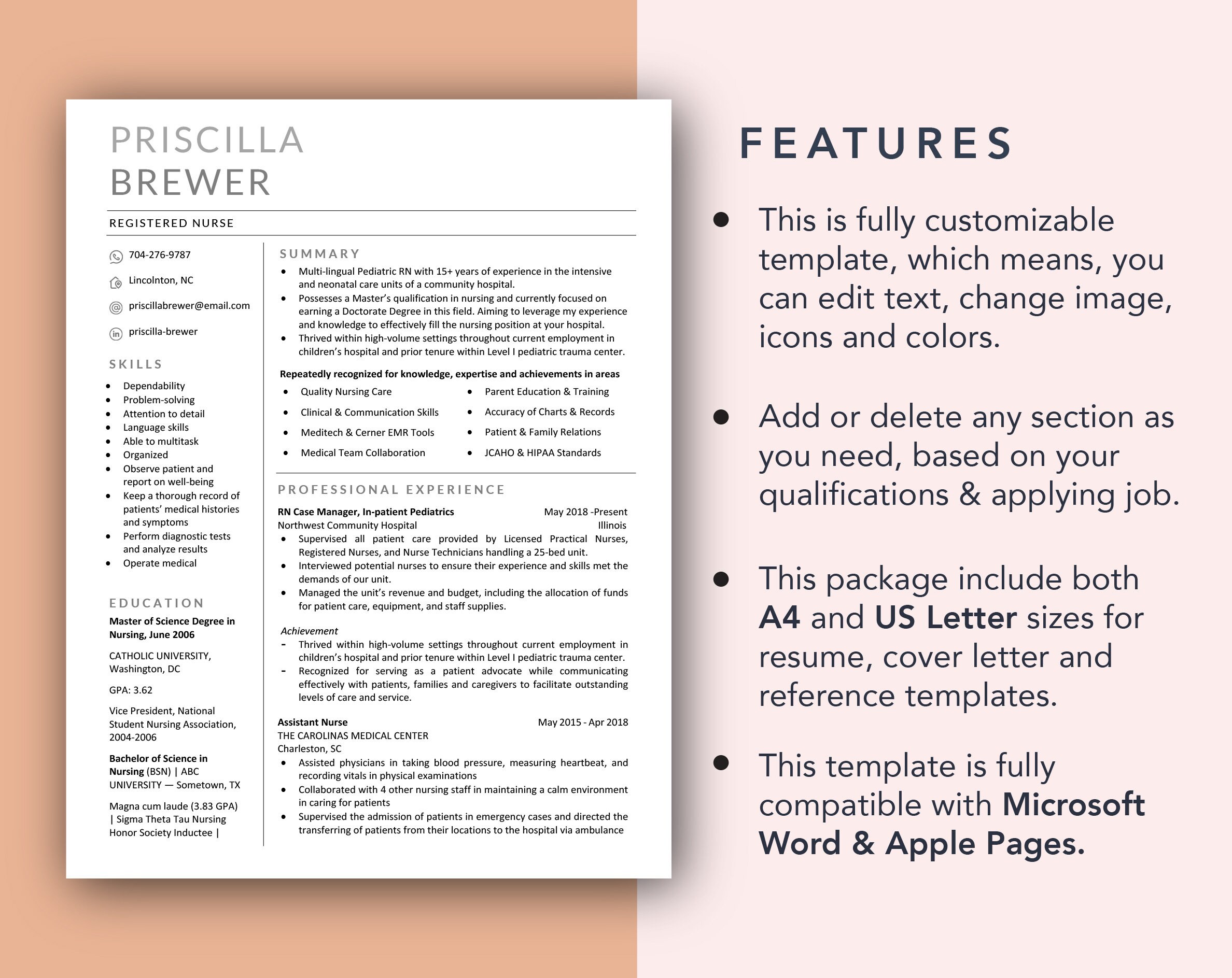 Modern Resume Template for Word & Mac Pages Registered Nurse - Etsy