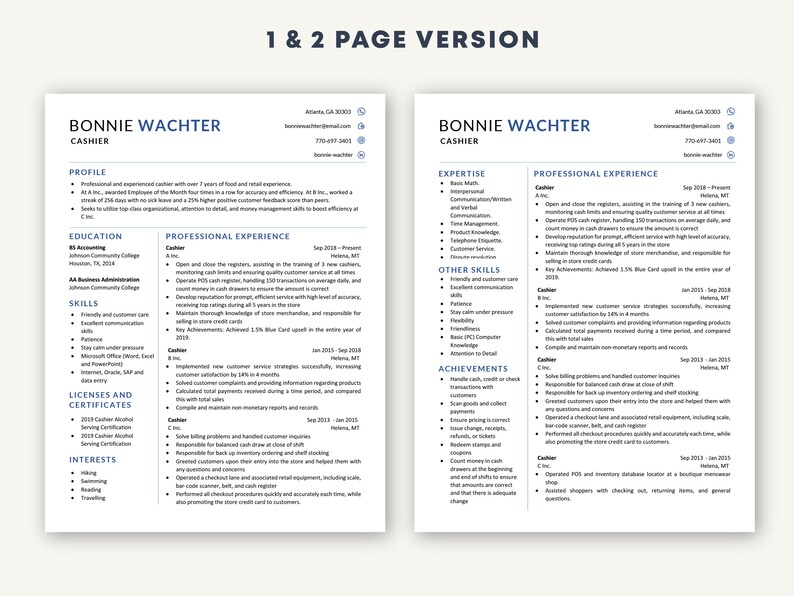 Resume Template for Word & Mac Pages, CV Template, Cashier Resume ...