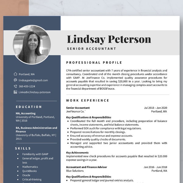 Accountant CV-sjabloon Word & Pages, CV-sjabloon, moderne creatieve CV-sjabloon, professioneel Executive CV met foto