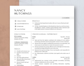 Modern Minimal Resume Template for Word & Mac Pages, CV Template, Simple One Page Resume, Professional Resume, Editable Cashier Resume