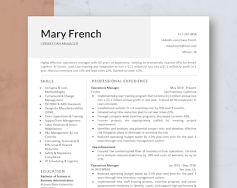 Modern Resume Template for Word & Pages, Manager Resume, CV Template, Simple Minimalist Resume, One Page Resume, Professional Resume