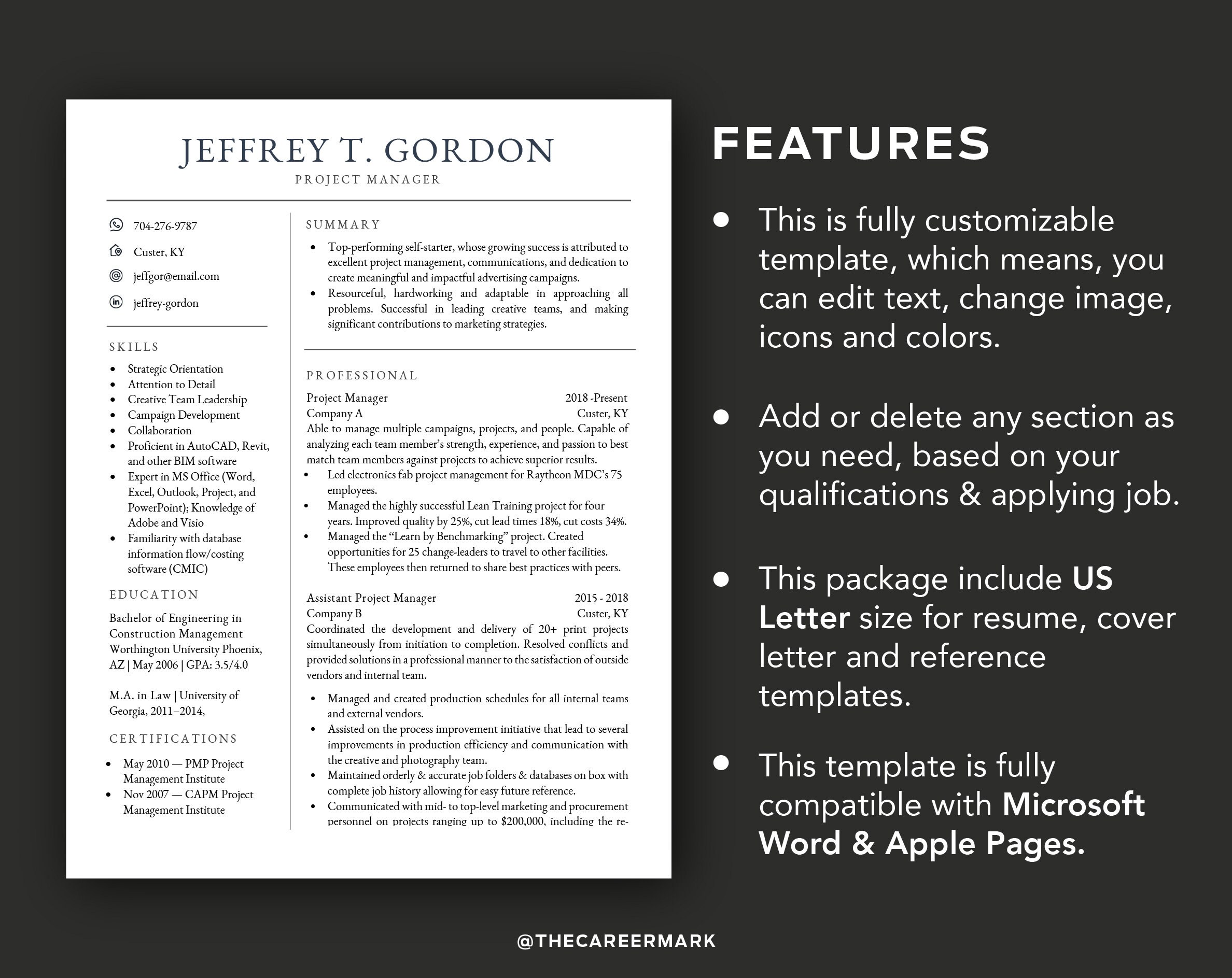 Minimal Resume Template for Word and Pages, CV Template, Modern Resume ...