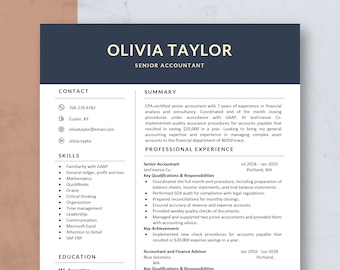 Modern Resume Template for Word & Mac Pages, Accountant Resume, CV Template, Simple Resume, One Page Resume Template, Accountant Resume