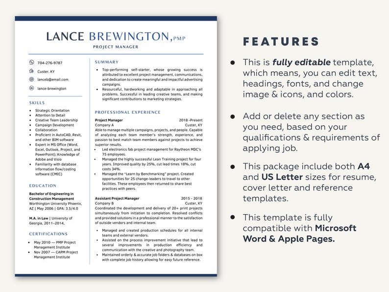 Business Resume Template for Word and Pages, CV Template, Modern Resume Template Word Pages, Manager Resume Template, Professional Resume image 2