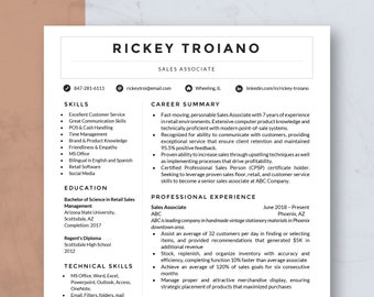 Resume Template for Word & Pages, CV Template, Sales Associate Resume, Modern and Professional Resume, Executive Resume, One Page Resume