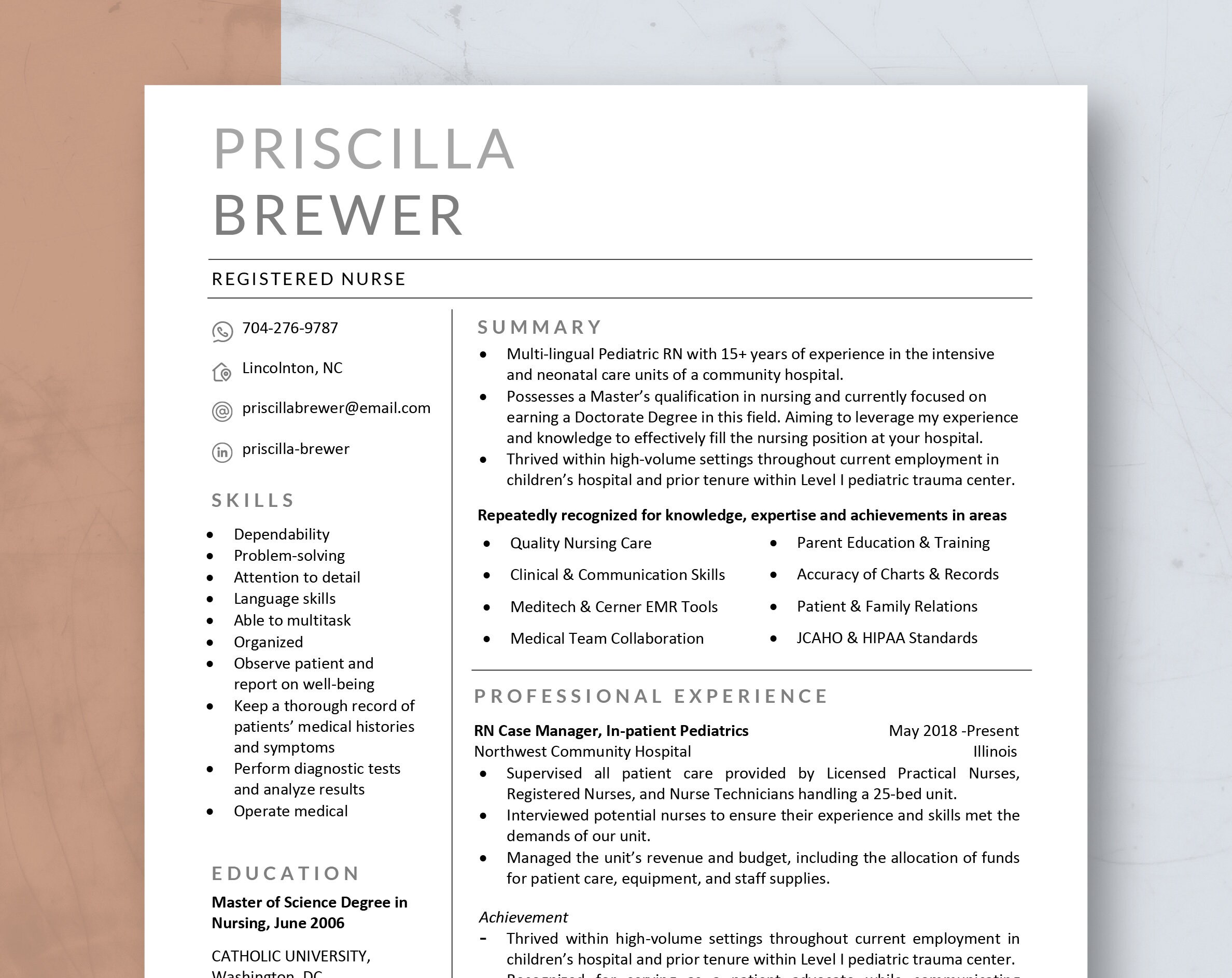 Modern Resume Template for Word & Mac Pages Registered Nurse - Etsy