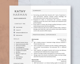 Modern Resume Template Word & Mac Pages, Professional Resume, CV Template, Sales Associate Resume Template, Word Resume, One Page Resume