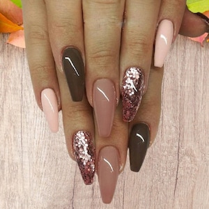 Neutral Beige Brown and Sequence Skinny Coffin Press on Nails Best Selling Trending Nail Design For at home Fake Nails Most Sold Strong Tips