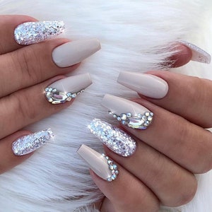 Pale Grey Sequence Rhinestones Long Ballerina Press-on Nail Tips Sparkle Luxury