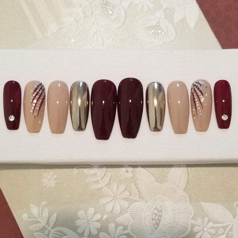 Strongest Press on Nails Burgundy Taupe Mirror Design | Etsy