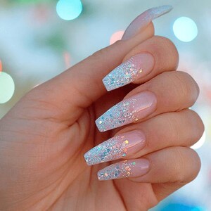 Ombre Sparkle French Nail Designed Acrylic Gel Press on nails Coffin Ballerina Stiletto Shaped Fake Nails Strong Sturdy Reusable Wedding image 2