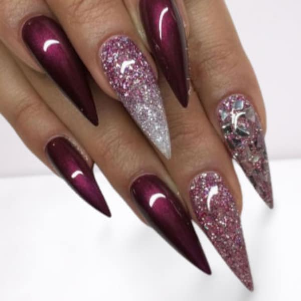 Black Cherrie Metalic Glitter Design on Full Coverage Acrylic Gel Press On Nails for Best Selling Nails on Etsy Fast Shipping