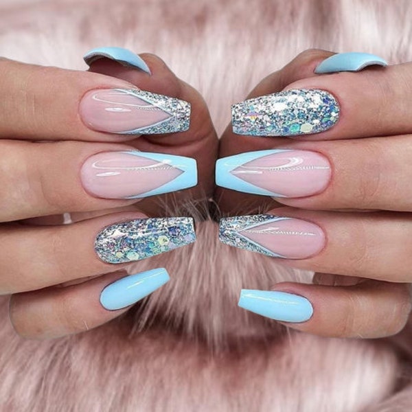Blue Glittery Chevron French Manicure in Any Shape You Choose Best Selling Handmade Strong Press On Nails For Woman DIY Nails