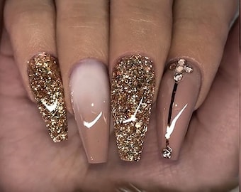 Glitter Press On Nails, Beige Glam Nail Designs